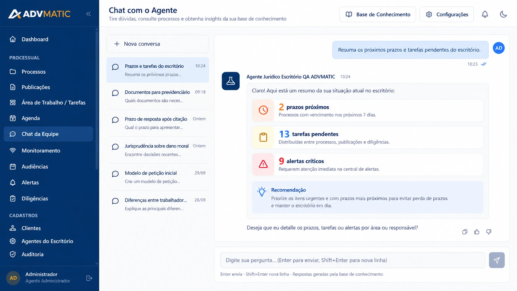 Mockup ilustrativo do Assistente Jurídico IA no ADVMATIC APP