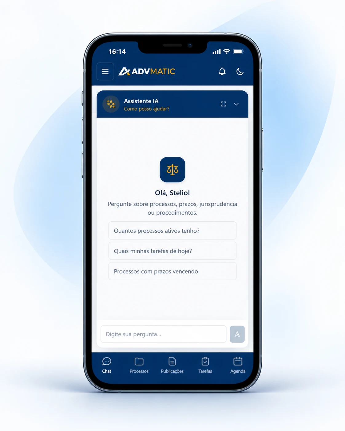 Mockup ilustrativo da interface do Assistente IA no celular