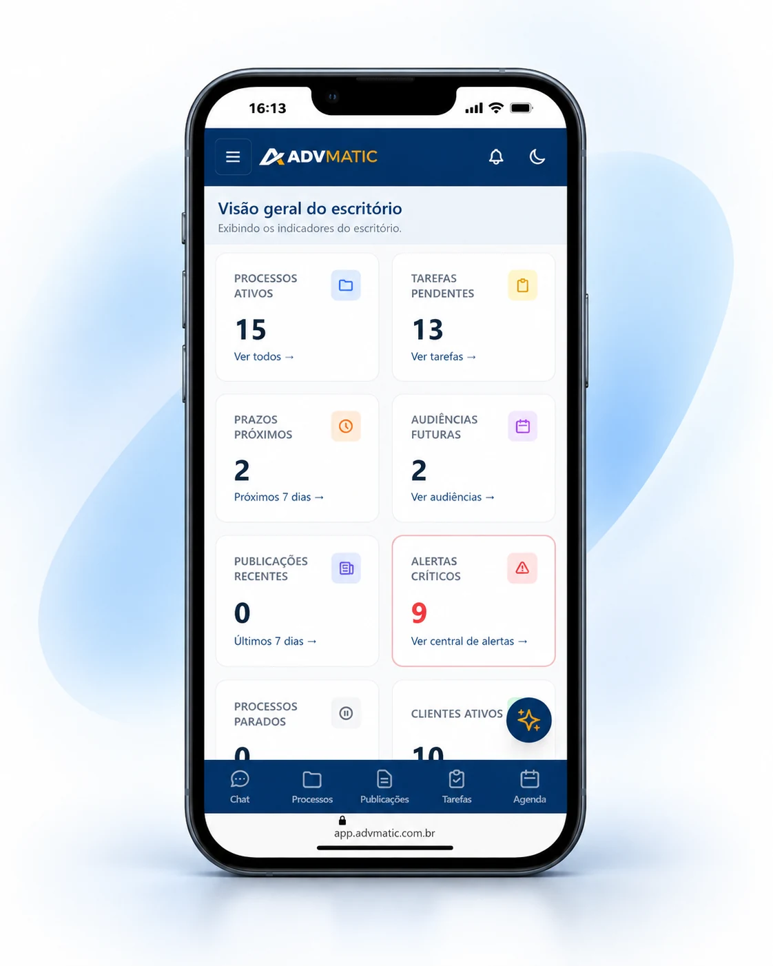 Mockup ilustrativo do Dashboard mobile ADVMATIC APP